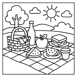 Piknik omalovánka – coloring page s dekou, košíkem a jídlem zdarma k vybarvení