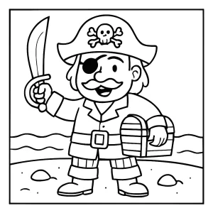 Pirátská omalovánka – coloring page s pirátem, pokladem a lodí k vytištění zdarma