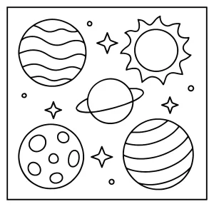Omalovánka planet – coloring page pro děti s obrázky vesmíru