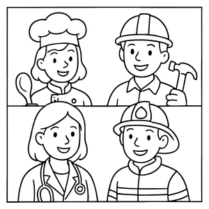 Profese – omalovánka pro děti, coloring page of professions s různými povoláními ke stažení a vybarvení zdarma
