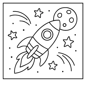 Omalovánka rakety – coloring page s vesmírnou raketou k vytisknutí zdarma