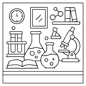 Omalovánka vědecká laboratoř – coloring page s motivem laboratoře pro děti k vytisknutí zdarma