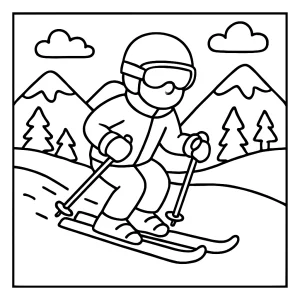 Lyžování – zimní omalovánka pro děti, coloring page ke stažení zdarma