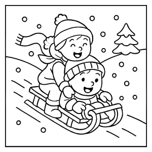 Omalovánka dětí na sáňkách – coloring page s veselými dětmi v zimní krajině