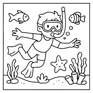 Omalovánka šnorchlování – coloring page s dítětem pod mořskou hladinou, ryby a rostliny k vybarvení