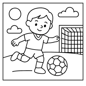 Fotbalová omalovánka – coloring page s obrázkem dětí hrajících fotbal k vytištění a vybarvení