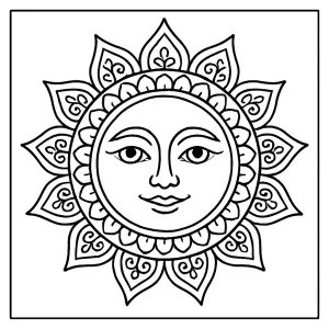 Sluneční mandala omalovánka – detailní coloring page pro tisk a vybarvení zdarma