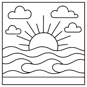 Východ slunce omalovánka – sunrise coloring page s krajinou ke stažení a vybarvení