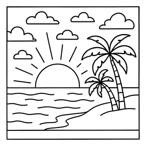 Omalovánka západu slunce – coloring page s krajinou a sluncem k vybarvení zdarma