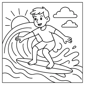 Surfování na vlnách omalovánka – dětská coloring page s motivem surfaře na moři ke stažení zdarma
