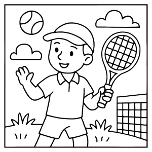 Tenisová omalovánka – coloring page s obrázkem tenisty s raketou a míčkem k vybarvení zdarma