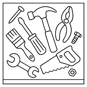 Omalovánka nářadí – coloring page s kladivem, pilou a šroubovákem k vytištění