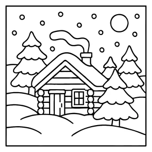 Zimní srub omalovánka – coloring page s obrázkem zasněženého srubu, ideální k vybarvení pro děti i dospělé