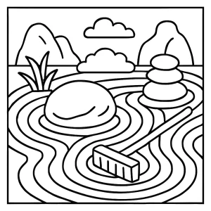 Zenová zahrada coloring page – omalovánka ke stažení zdarma s japonskou zahradou, kameny a bonsají.