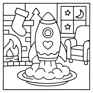 Cozy scene of gingerbread rocket launch coloring page - omalovánka zdarma k vytištění