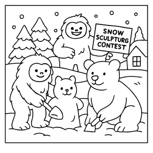 Yeti snow-sculpting contest omalovánka, zimní coloring page zdarma pro děti k vybarvení