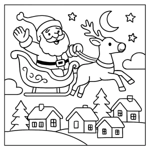 Vánoční omalovánka Santa Clause na saních letícího nad zasněženou vesnicí, omalovánka k vytištění zdarma