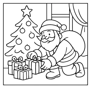 Omalovánka zdarma: Santa Claus dává dárky pod vánoční stromeček – coloring page pro děti