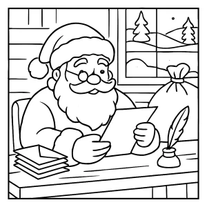 Vánoční omalovánka – Santa Claus čte dopisy od dětí na svém pracovním stole na Severním pólu.