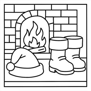 Santa Claus boots and hat by the hearth coloring page – omalovánka ke stažení a vybarvení