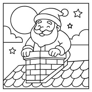 Omalovánka Santa Claus leze do komína v měsíčním svitu, omalovánka k vytištění zdarma