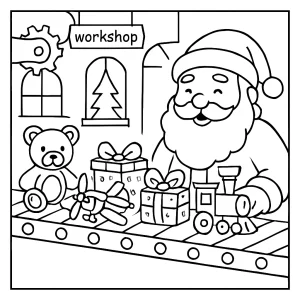 Omalovánka Santa Claus dílna s pásovým dopravníkem hraček, coloring page pro děti k vybarvení