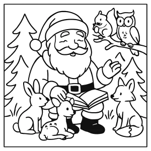 Omalovánka Santa vypráví pohádku lesním zvířátkům – vánoční coloring page ke stažení zdarma pro děti