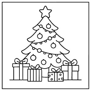 Omalovánka krásně zdobeného vánočního stromu s dárky – coloring page pro děti