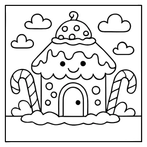 Omalovánka veselého perníkového domečku s cukrovými tyčinkami a polevou – coloring page pro děti k vytištění zdarma