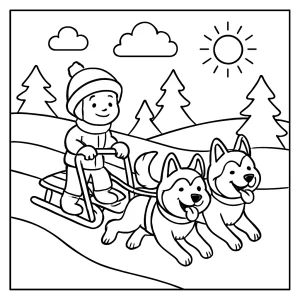 Omalovánka dítě na saních s dvěma husky – coloring page pro děti k vybarvení a tisku zdarma