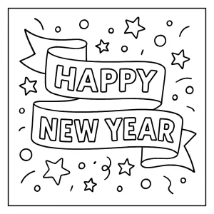 Omalovánka slavnostního banneru s nápisem 'Happy New Year' – coloring page ke stažení a vybarvení