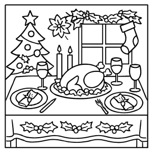 omalovánka slavnostní vánoční stůl – coloring page s prostřeným stolem k vybarvení zdarma