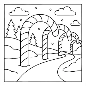 Cukrová hůlka zimní stezka omalovánka, coloring page s velkými cukrovými hůlkami a sněhovou cestou