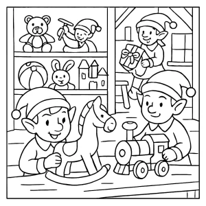 Elfí dílna plná hraček – omalovánka coloring page pro děti zdarma