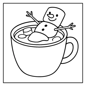 Omalovánka hrnek horké čokolády s marshmallow sněhulákem - coloring page pro děti