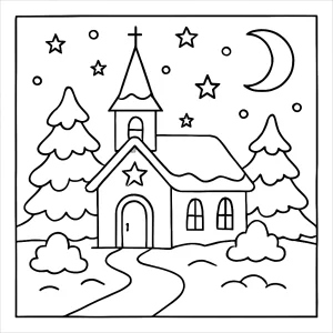 Omalovánka kostel zasněžený o Vánocích, vánoční půlnoční mše – zimní coloring page zdarma k vybarvení a tisku.