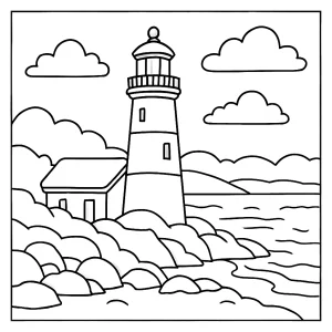 Omalovánka maják na zasněženém pobřeží, zimní scéna ke stažení zdarma, coloring page pro děti