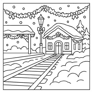 Omalovánka zasněženého železničního nádraží s girlandami – zimní coloring page zdarma pro děti