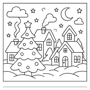 Omalovánka zasněžené vánoční vesnice se zářícími okny – coloring page k vytištění