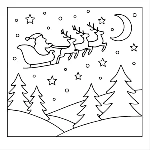 Omalovánka zimní noční oblohy se siluetou Santy na saních pro tisk a vybarvení