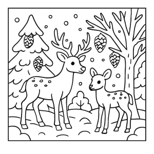 Omalovánka zimní les s jelenem, zasněžené stromy a šišky – coloring page ke stažení zdarma