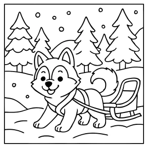 Omalovánka roztomilého huskyho táhnoucího sáně zasněženým lesem – coloring page zdarma pro děti