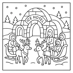 Omalovánka ledového hotelu s hosty přijíždějícími na saních – zimní coloring page ke stažení zdarma