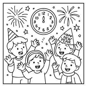 Děti odpočítávají do Nového roku omalovánka – coloring page s dětmi slavícími příchod Nového roku.
