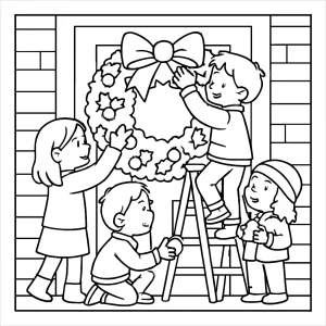 Omalovánka dětí zdobících obří věnec na předních dveřích – coloring page pro tisk zdarma
