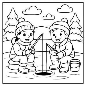Omalovánka dětí při rybaření na zamrzlém rybníku – zimní coloring page ke stažení zdarma