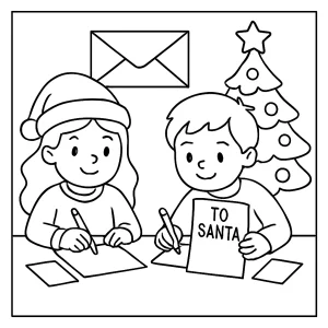 Omalovánka děti píší dopisy Ježíškovi – coloring page k vytištění zdarma