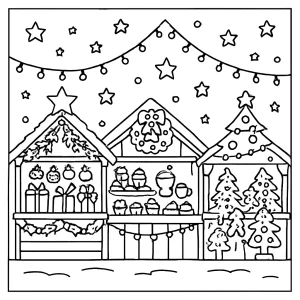 Omalovánka vánočních trhů pod světýlky – coloring page ke stažení zdarma