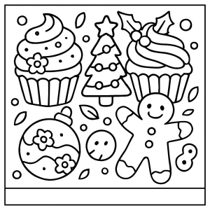 Omalovánka slavnostních cupcakes a sušenek k vytištění zdarma – coloring page