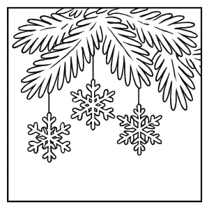 Omalovánka zasněžených borových větví s visícími sněhovými vločkami – zimní coloring page pro děti zdarma